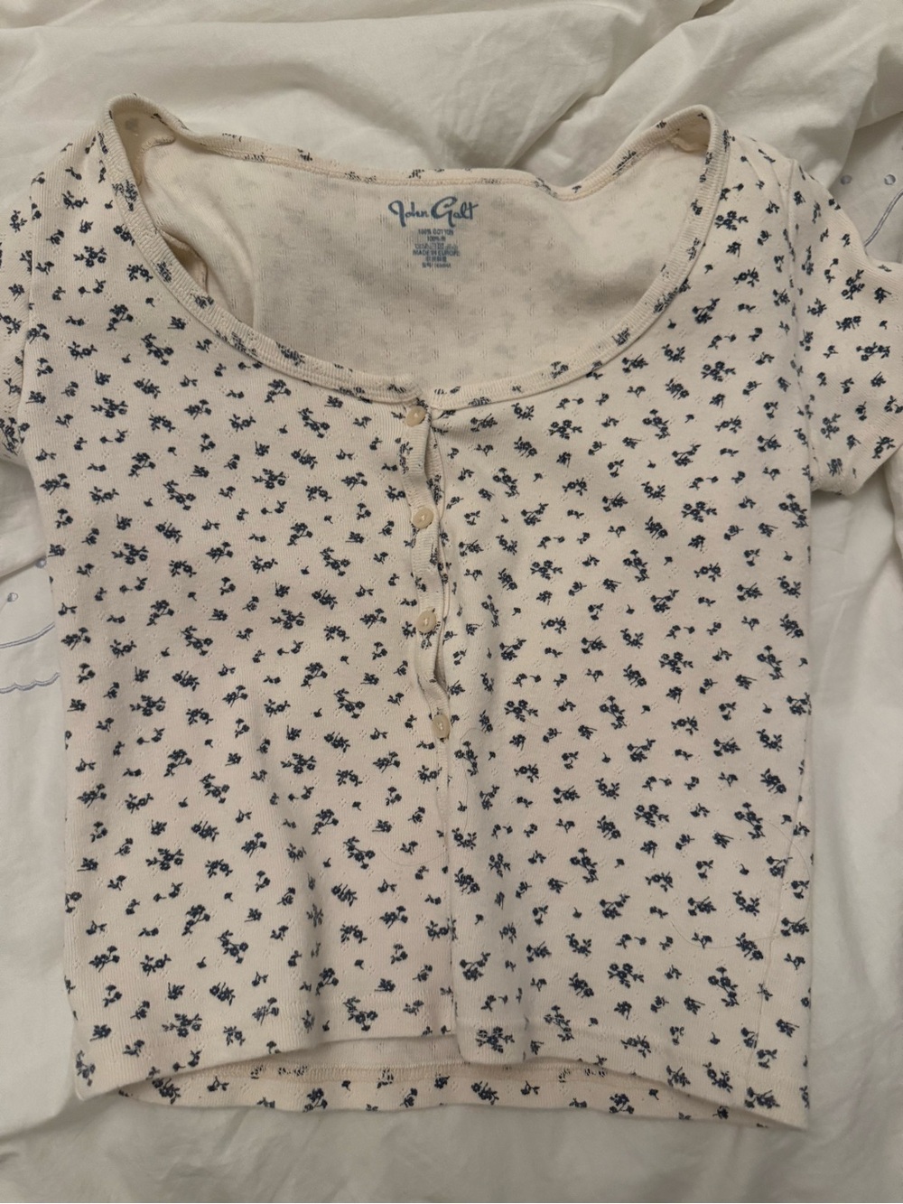 Brandy Melville Cream Short Sleeve Button Front Tee with Navy Floral Print